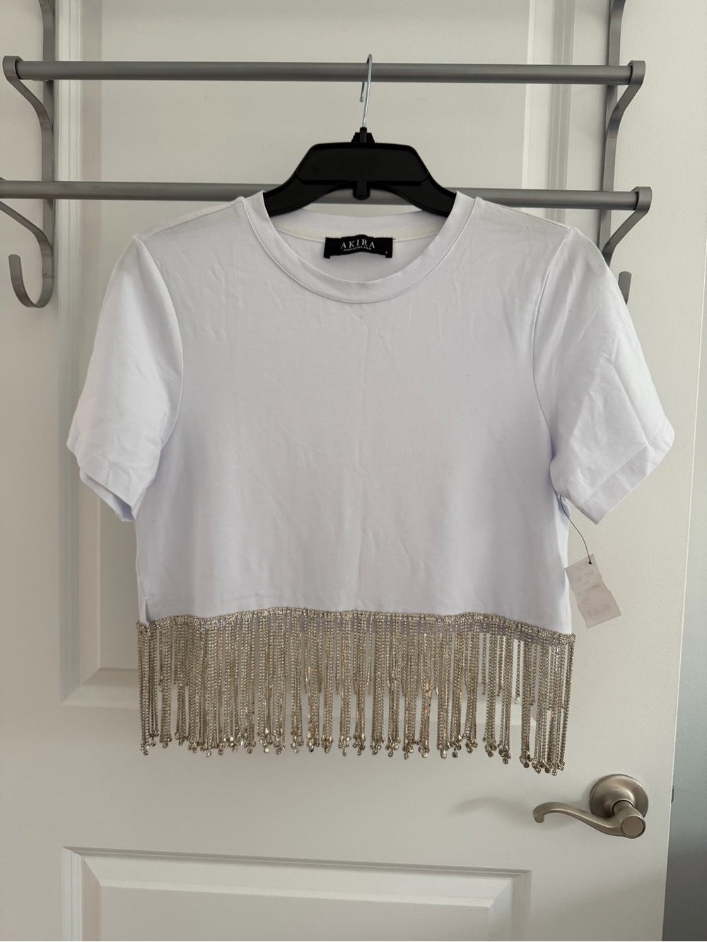 AKIRA White Crop Tee with Silver Fringe Hem NWT